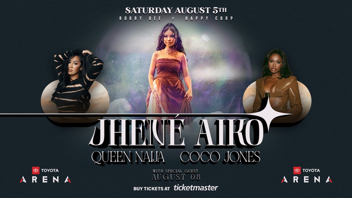 Guess who is coming to #ToyotaArena?! 🤩 @JheneAiko with @queennaija & @cocojones will be blessing the stage on Saturday, August 5th! 🎙️ SPECIAL GUEST @august08 will be opening the evening! 
🎟️ Pre-sale tickets - 6/7 at 10 am through 6/9 at 9 am
🎟️ All tickets - 6/9 at 10 am