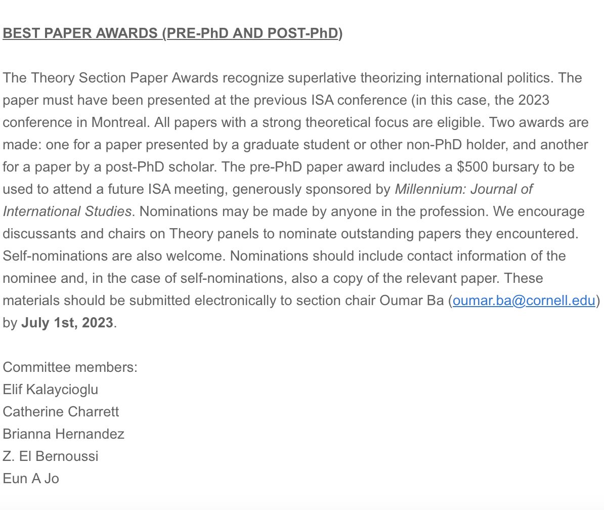 A bit late to announce this but, I am chairing the Theory Section Paper Awards, and here to say send us (via @OumarKBa) excellent IR theory papers you encountered (your own included) at ISA2023! Pre and post-PhD!