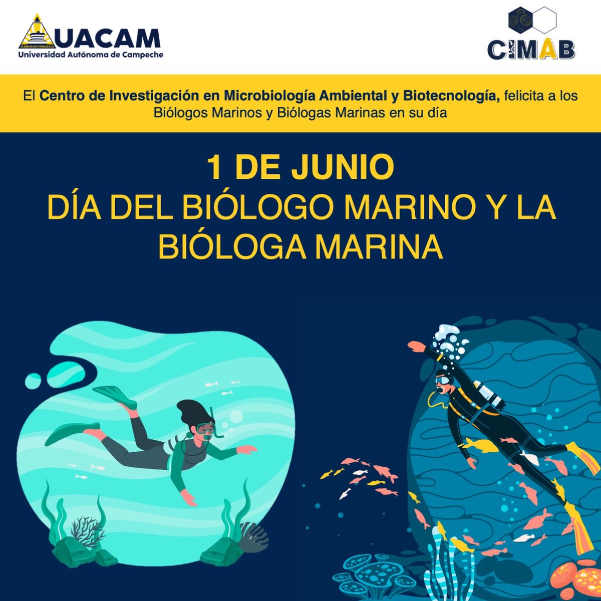 cimab_uacam's tweet photo. Hoy #1DeJunio, el Centro de Investigación en Microbiología Ambiental y Biotecnología felicita a los Biólogos Marinos y Biólogas Marinas en su día. 

🐟🐬🐠🌊🪸🐙 https://t.co/VjZcSBMGyL