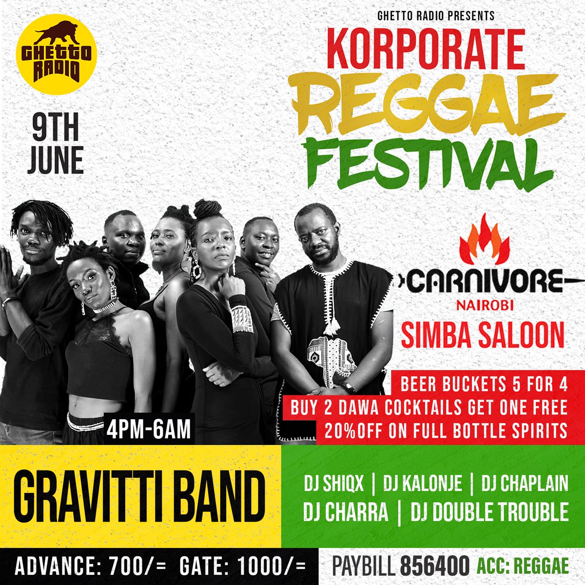 Following In The Footsteps Of The Greatest, <a href="/GravittiBand/">Gravitti Band</a> ime-bless the Kenyan Reggae scene with beautiful Reggae music and positive vibes!✨️

Tokea Tu-celebrate #KorporateReggae on 9th June, 2023 <a href="/CarnivoreKe/">Carnivore Nairobi</a>🎪

Grab Advance Ticket yako for 700/=🎟️
Paybill 856400/ ACC REGGAE🔥