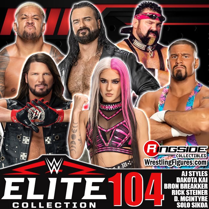 Mattel WWE Elite 104 is up for PRE-ORDER! Featuring Dakota Kai, Solo Sikoa, AJ Styles, Drew McIntyre, Rick Steiner & Bron Breakker! Shop at Ringsid.ec/WWEElite104 #RingsideCollectibles #WrestlingFigures #WWEEliteSquad #WWERaw  #SmackDown  #Mattel #WWE #DakotaKai #SoloSikoa