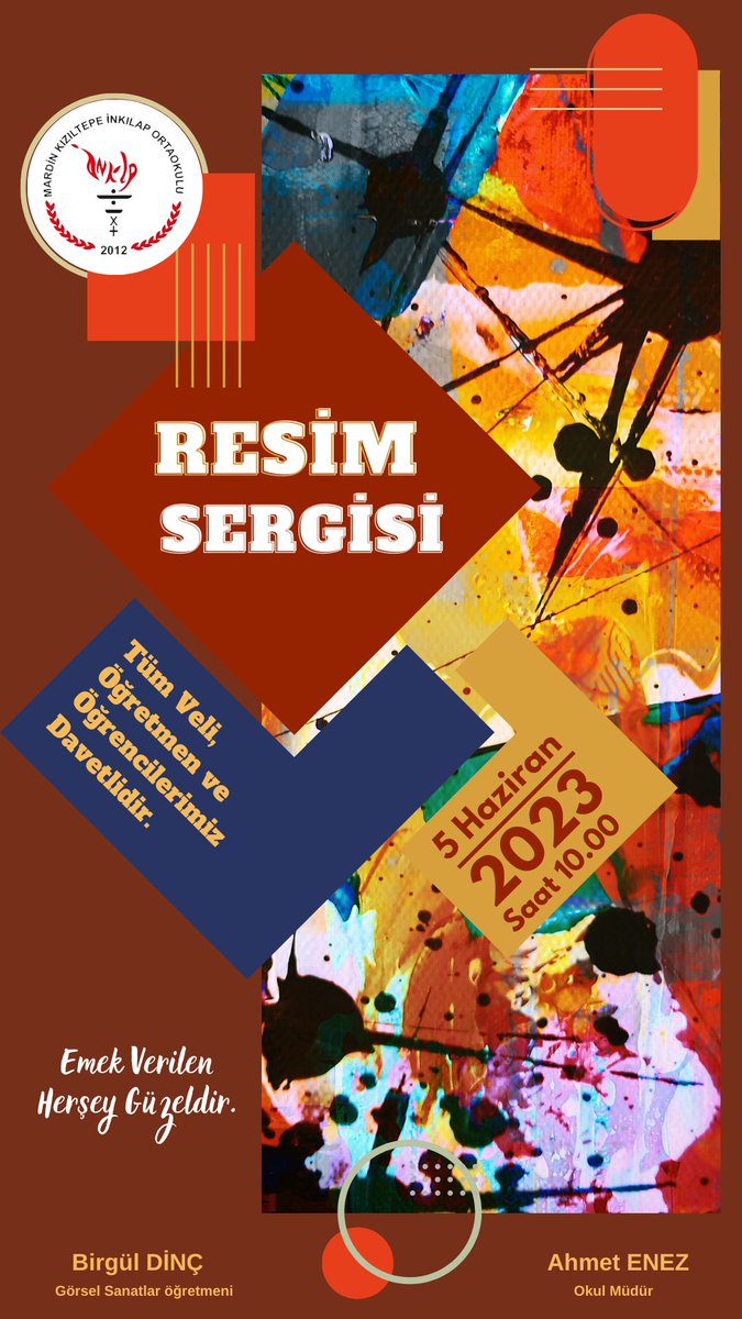 Okulumuz Görsel Sanatlar Öğretmeni Birgül Dinç'in Eğitim - Öğretim yılı boyunca Öğrencilerine rehberlik yaparak ortaya çıkarılan eserlerimizi sergileyeceğimiz çalışmaya davetlisiniz.
<a href="/mahmutdemirttas/">Mahmut Demirtaş</a>
<a href="/Murat69_Demir/">Murat Demir</a>
<a href="/fatihcidiroglu/">Fatih CIDIROĞLU</a>
<a href="/Faruk_Simsek47/">FARUK ŞİMŞEK</a>
<a href="/SerdarTopta23/">Serdar Toptaş</a>
<a href="/AhmetEnez12/">Ahmet Enez</a>