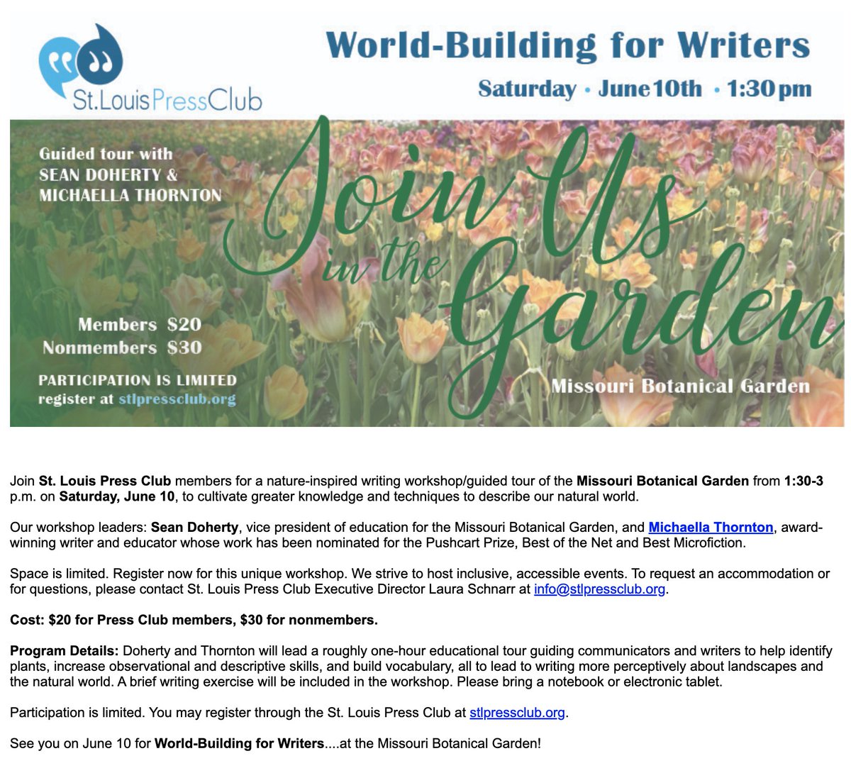 Melody S. Gee (@melody_s_gee) on Twitter photo A writing workshop that includes a garden tour ad <a href="/mobotgarden/">MO Botanical Garden</a> and attention to describing the natural world--what an amazing afternoon to spend with @kellathornton. June 10! A writing workshop that includes a garden tour ad <a href="/mobotgarden/">MO Botanical Garden</a> and attention to describing the natural world--what an amazing afternoon to spend with @kellathornton. June 10!