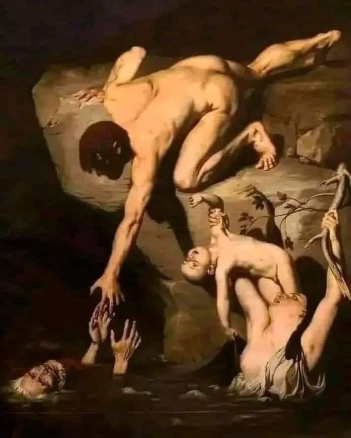 Ce tableau présente un homme essayant désespérément de sauver son père et ignorant complétement sa femme et son fils, qui sont pourtant les plus proches de lui. Son fils est le poids le plus léger qu'il peut rapidement sauver. Quel message l'artiste voulait passer à travers 1/2