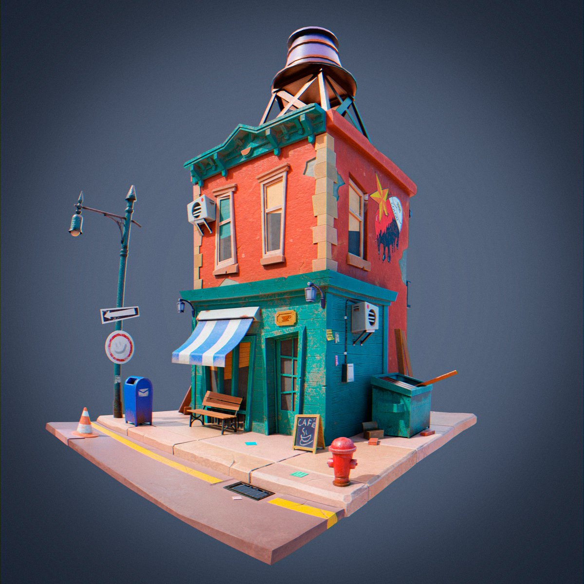 This is my 3d version of the concept art 'NY Cafe', from Igor Rozovny
see more in my artstation: artstation.com/artwork/ZaRPqR

#gameart #gamedev #3d #3dmodeling #3dart #ArtistOnTwitter #3DModel #b3d #zbrush #blender #maya #MadeWithSubstance #stylized #cartoon