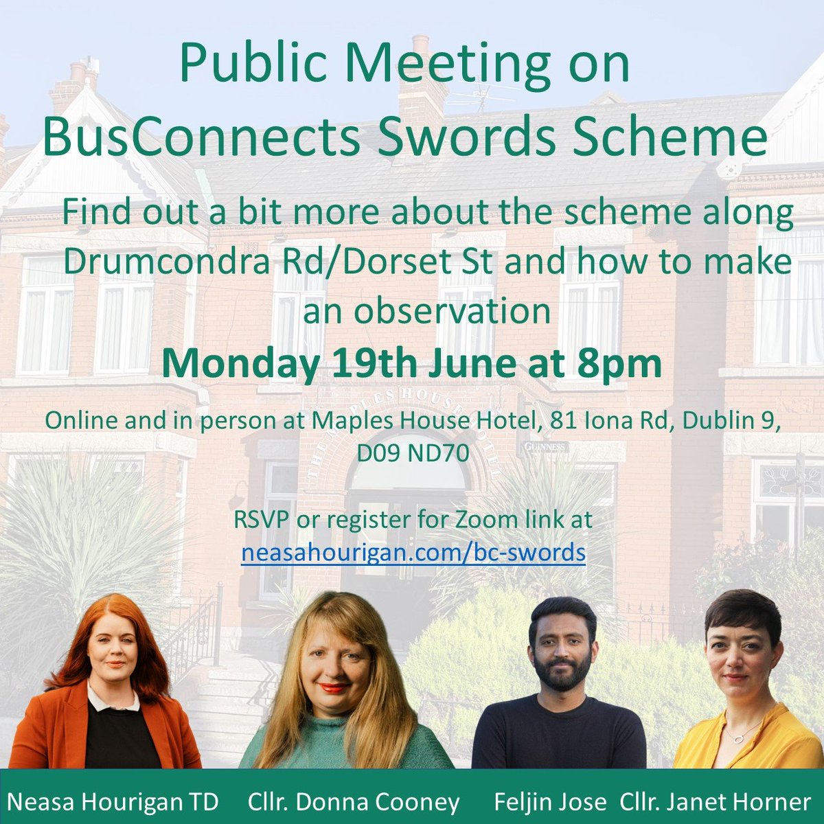The BusConnects Swords to City Centre project is out for planning approval. No, they're not cutting down all the trees in Drumcondra. Let's cut through the misinformation together:
🕗 Mon 19 June @ 8pm 
📍 Maples House Hotel & Zoom
🔗 RSVP neasahourigan.com/bc-swords