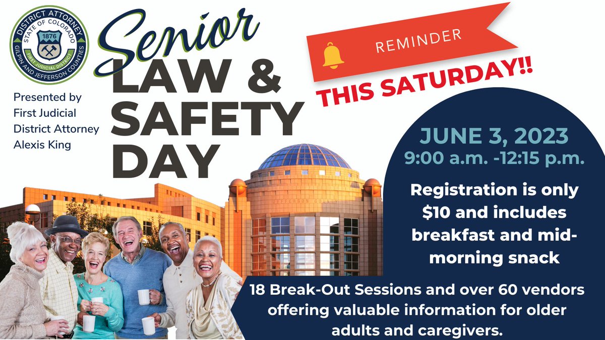 THIS SATURDAY is Senior Law & Safety Day! There's still time to register here: bit.ly/40Hgobp. Sessions include - Estate Planning, Probate, Trusts, Medicaid 101, Medicare 101, Identity Theft and Fraud Prevention, Social Security, and much more!