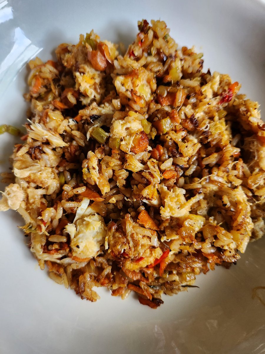 Crab fried rice (Gullah-Geechie style)

*For the purists, I  used a mirepoix instead of the holy trinity because bell pepper disagrees with me.