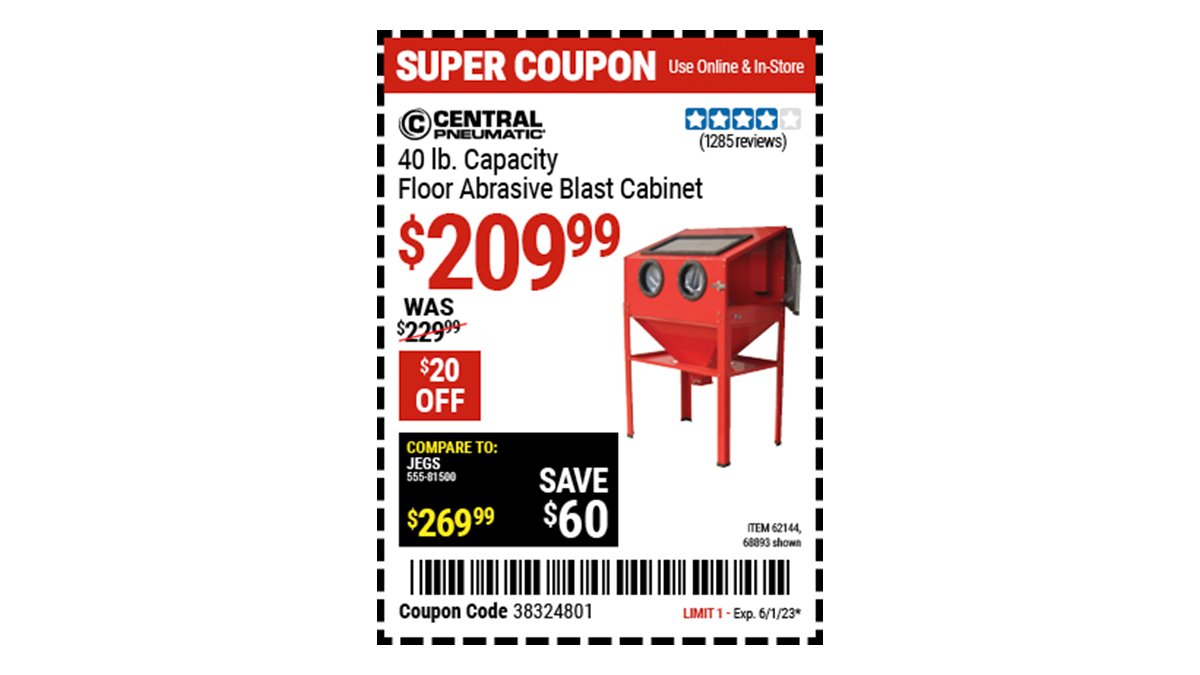 Buy the CENTRAL PNEUMATIC 40 Lb. Capacity Floor Blast Cabinet (Item 68893) for $209.99 with coupon code 38324801, valid through June 1, 2023. See the coupon for details: go.harborfreight.com/coupons/2023/0…