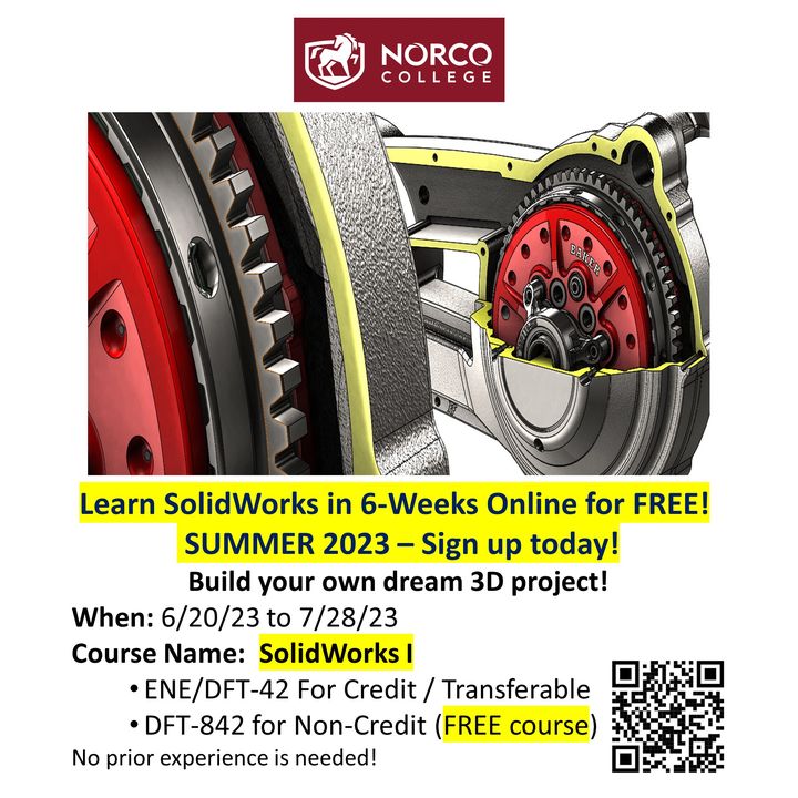Learn SolidWorks in 6-Weeks Online for FREE! Summer 2023 begins June 20th. Scan the QR code for more info.