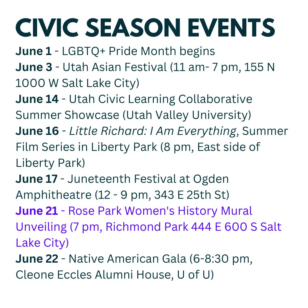 Join us throughout June &amp; July for Utah Civic Season, a new summer tradition of learning &amp; action about our democracy! We're joining w/ organizations across Utah &amp; the US. Check out buff.ly/3MlF18b for more info on these events.