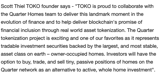 1/2 🏠Quarter - the U.S.’ first fractional equity home funding program & platform - has announced the equity #tokenization of a $740k home, with third-party investors supplying 97% of the purchase capital as alternative financing to mortgage credit using @TOKO_network #OnHedera⤵️