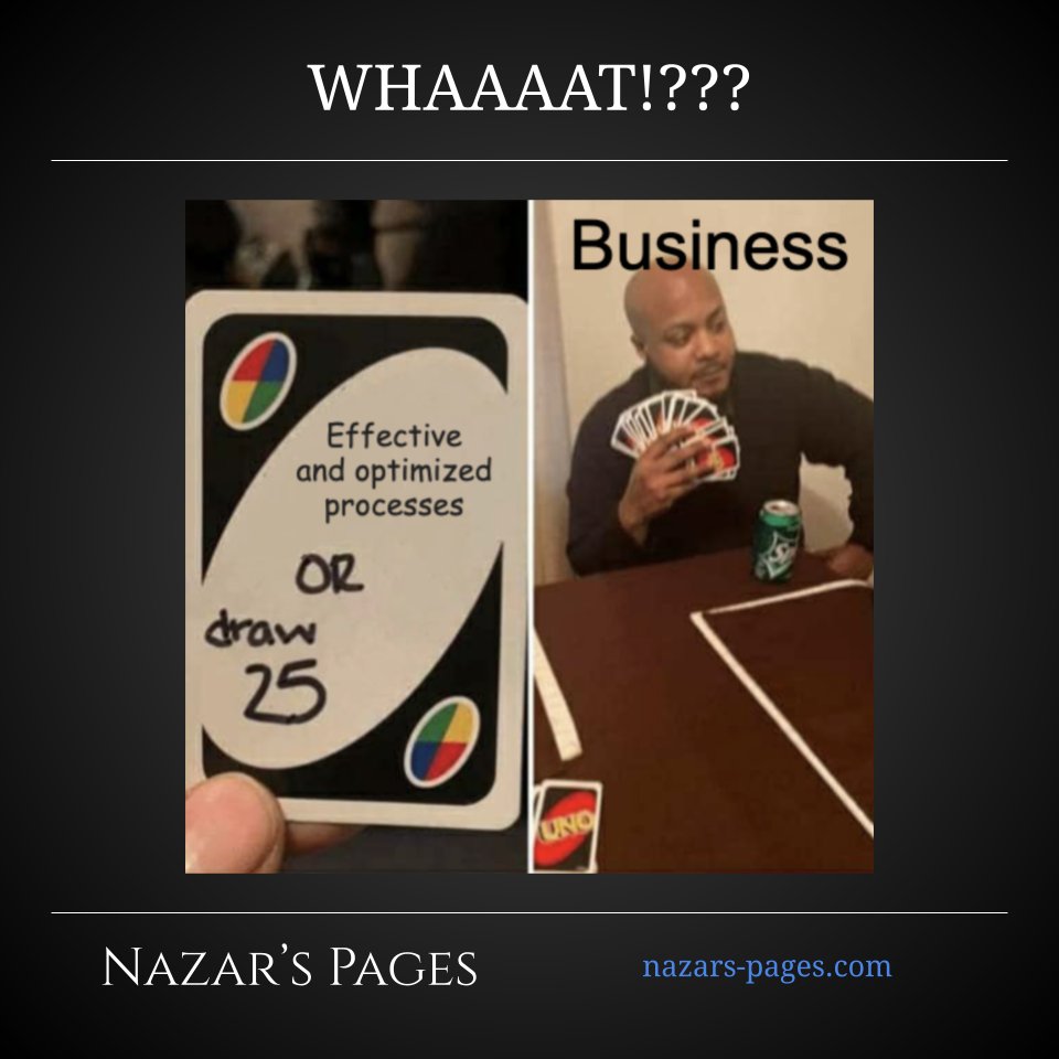 NazarsPages's tweet image. Do you feel you need to draw 25 #cards too? 😅

Don&apos;t worry - we can help you 💪

nazars-pages.com/contact 

#IT #consulting #expert #product #project #program #portfolio #management #organisation #growth #transformation #process #optimisation #automation #team #development #meme
