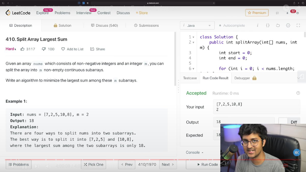 Abhishek_ak_02's tweet image. Day 12 of #60DaysOfDSA 

Today finally completed 4hr BinarySearch video, learned many important concepts of BS throught this single video.
Question solved: (Search in Rotated Sorted Array, Split Array Largest Sum)

@kunalstwt
@WeMakeDevs

#DSAWithKunal #javawithkunal #code #tech