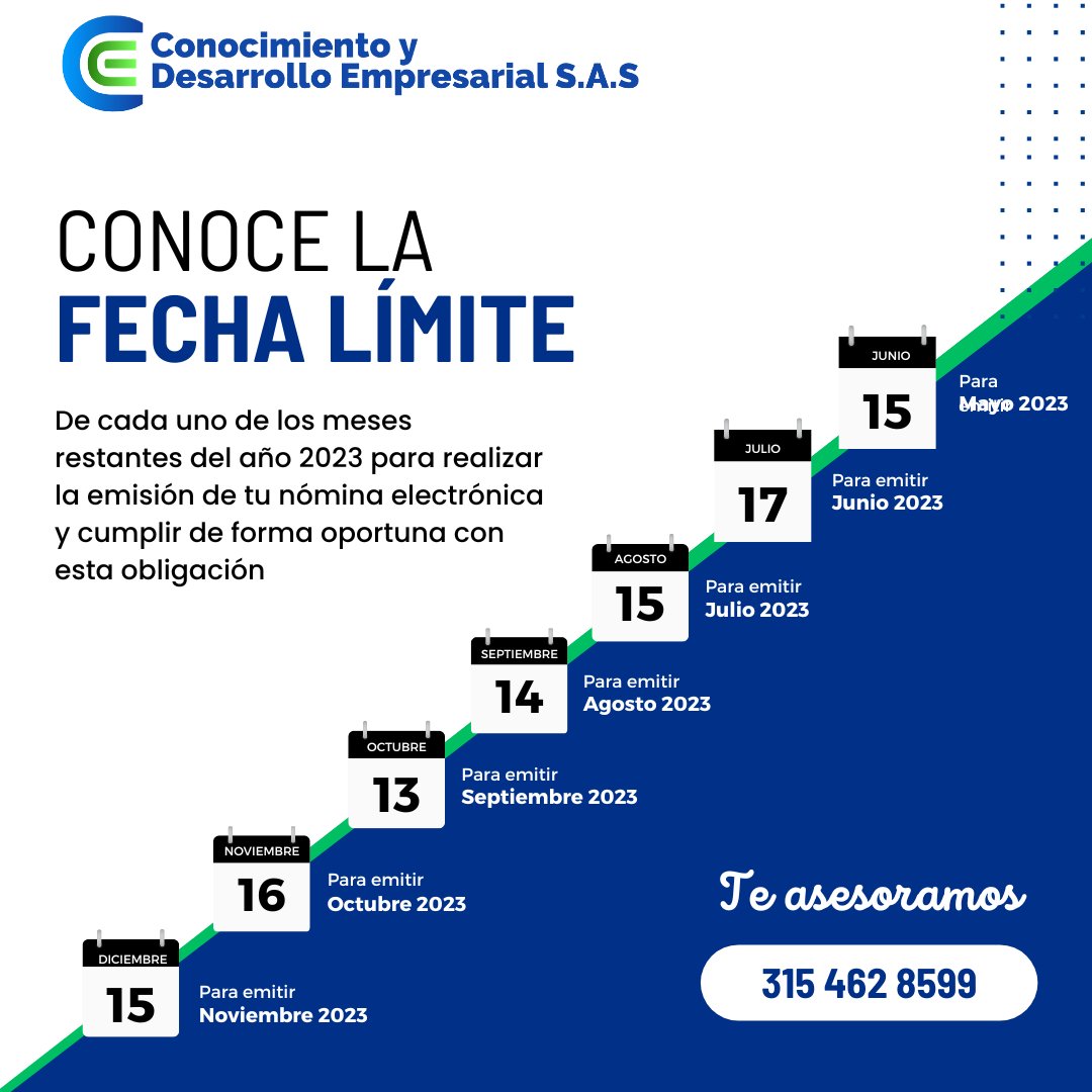 Conocimientoyde's tweet image. 📢 ¡Atención Empresarios! 🗓️ Queremos informarte sobre las fechas límite para realizar la emisión de tu nómina electrónica y cumplir de forma oportuna con esta obligación durante el resto del año 2023.

#NóminaElectrónica #Empresarios