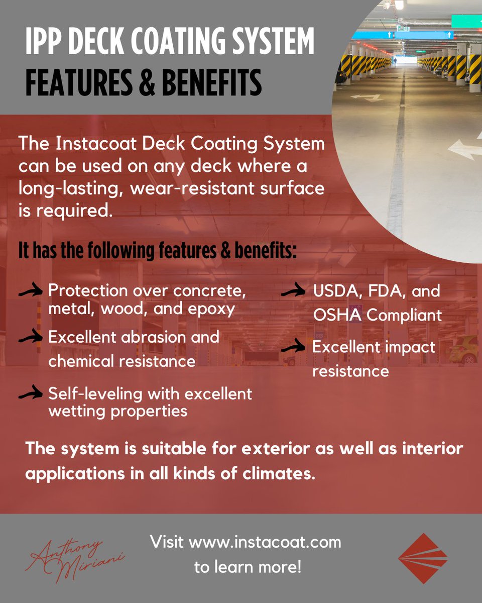 IPP Deck Coating System - Features & Benefits

The Instacoat Deck Coating System can be used on any deck where a long-lasting, wear-resistant surface is required.

#IPP #instacoatpremiumproducts #deckcoating #decksystem #floorcoatings #flooring #flooringsystems