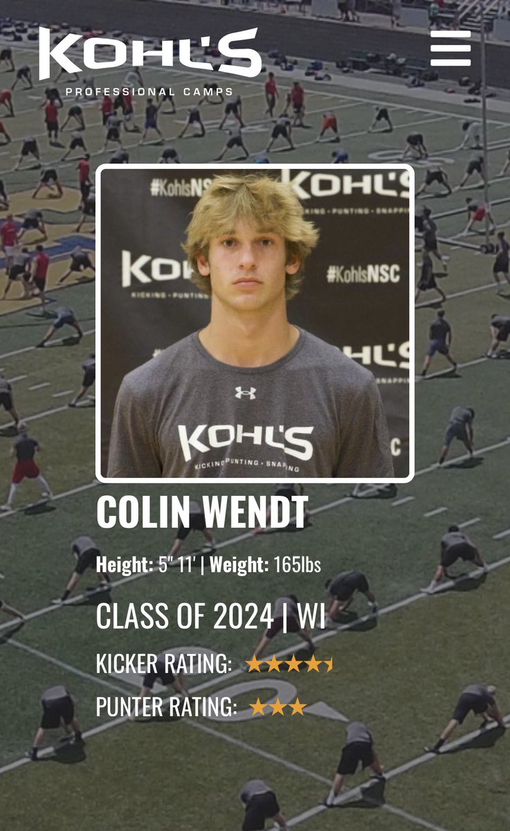 Thank you <a href="/KohlsKicking/">Kohl's Kicking Camps</a> for the 4.5 star ranking as a kicker 

<a href="/PrepRedzoneWI/">Prep Redzone Wisconsin</a>