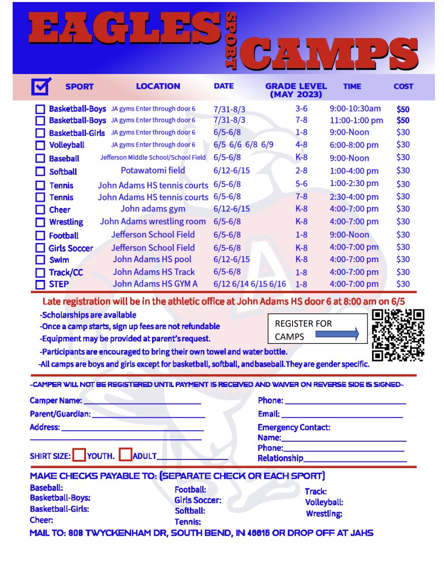Please consider one of many summer camps John Adams Athletics offer this summer. Football is June 5th-8th. You can sign up using the QR code or sign up in-person @ TCU School Field on Monday.