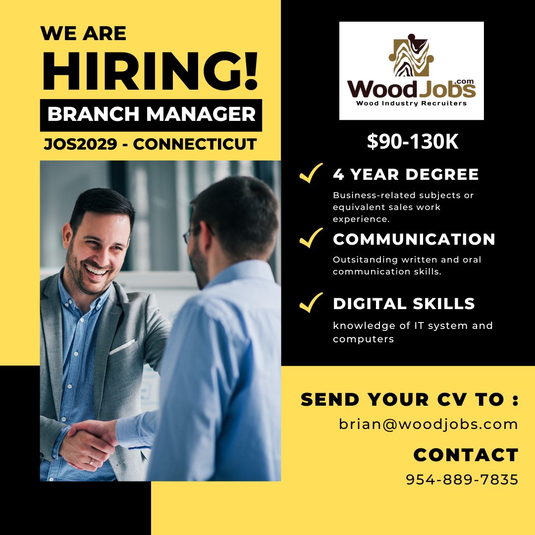 CONTACT: BRIAN JACKSON | 954-889-7835
brian@woodjobs.com 
#werehiring #usajobs #jobsinconnecticut #connecticutjobs #branchmanager #managerialjobs #woodindustry #woodjobs #millwork