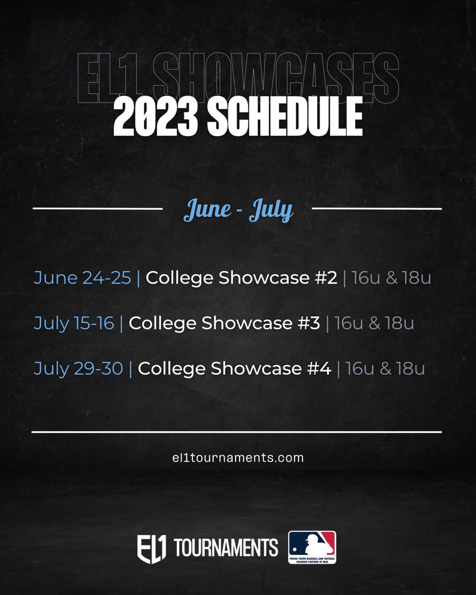 Come out to showcase your talents in front of some of the best college baseball programs from the region. All games will take place at the same location so coaches can watch every pitch.

View all colleges and sign up today 👉 el1tournaments.com/college-showca…

 #el1tournaments #el1sports