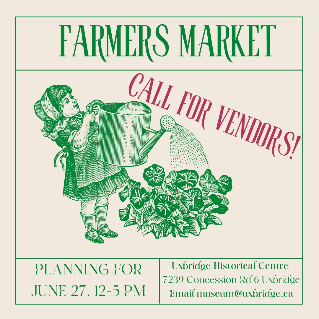 Calling local vendors! 
We are planning a farmer's market at the museum on June 27th, Canada's Multiculturalism Day!
Email us for an application :)
#uxbridgefarmersmarket <a href="/UxbridgeFarmers/">UFM</a> <a href="/uxbridgetourism/">Discover Uxbridge</a> <a href="/twpuxbridge/">Township of Uxbridge</a>