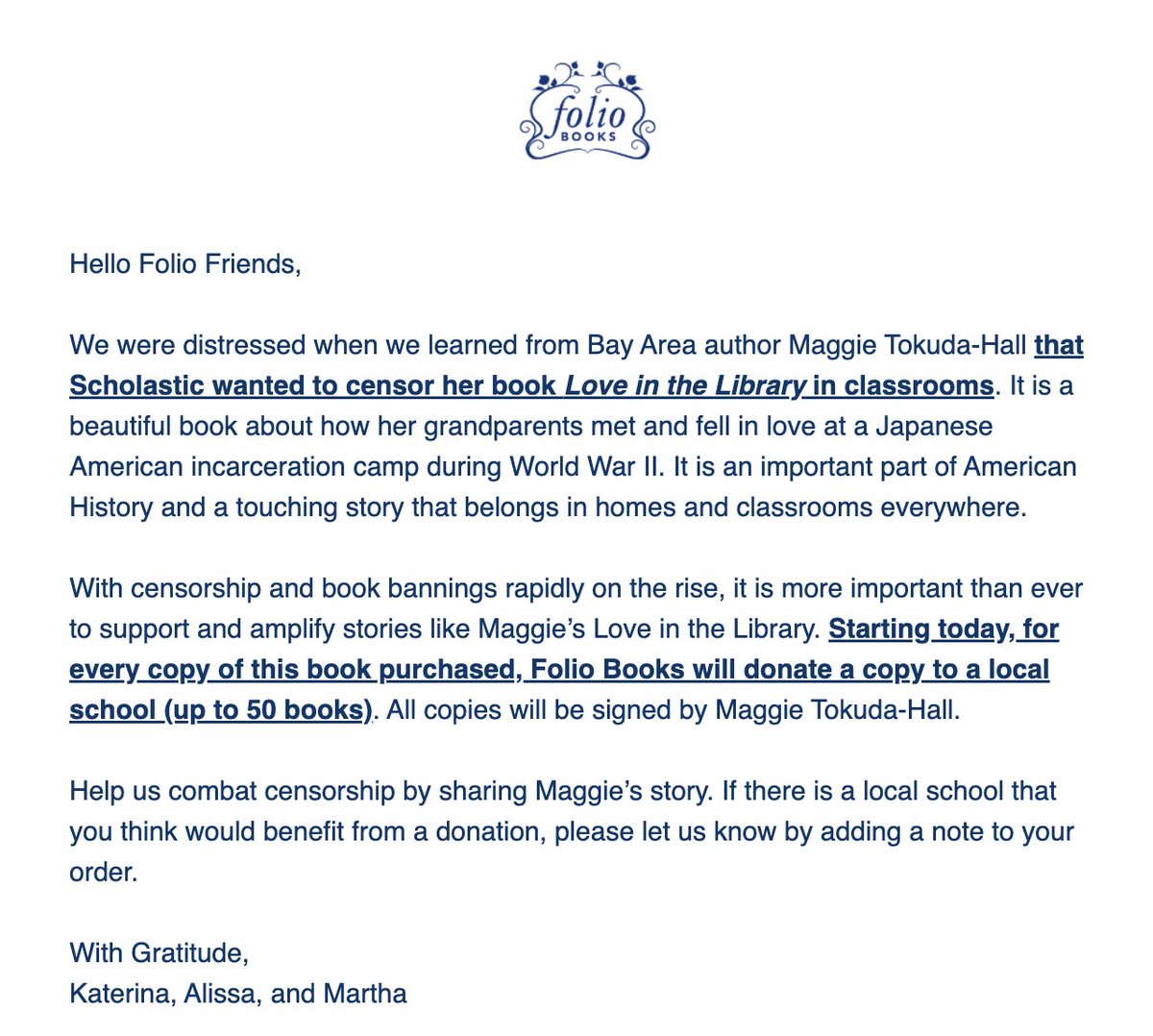 I'm in tears. @FolioSF (women owned, incredible, indie) is doing a sales drive of LOVE IN THE LIBRARY. If you buy one, they'll buy one, and they'll donate it to a local school. Link below. I wrote this book FOR schools. foliosf.com/maggietokudaha…