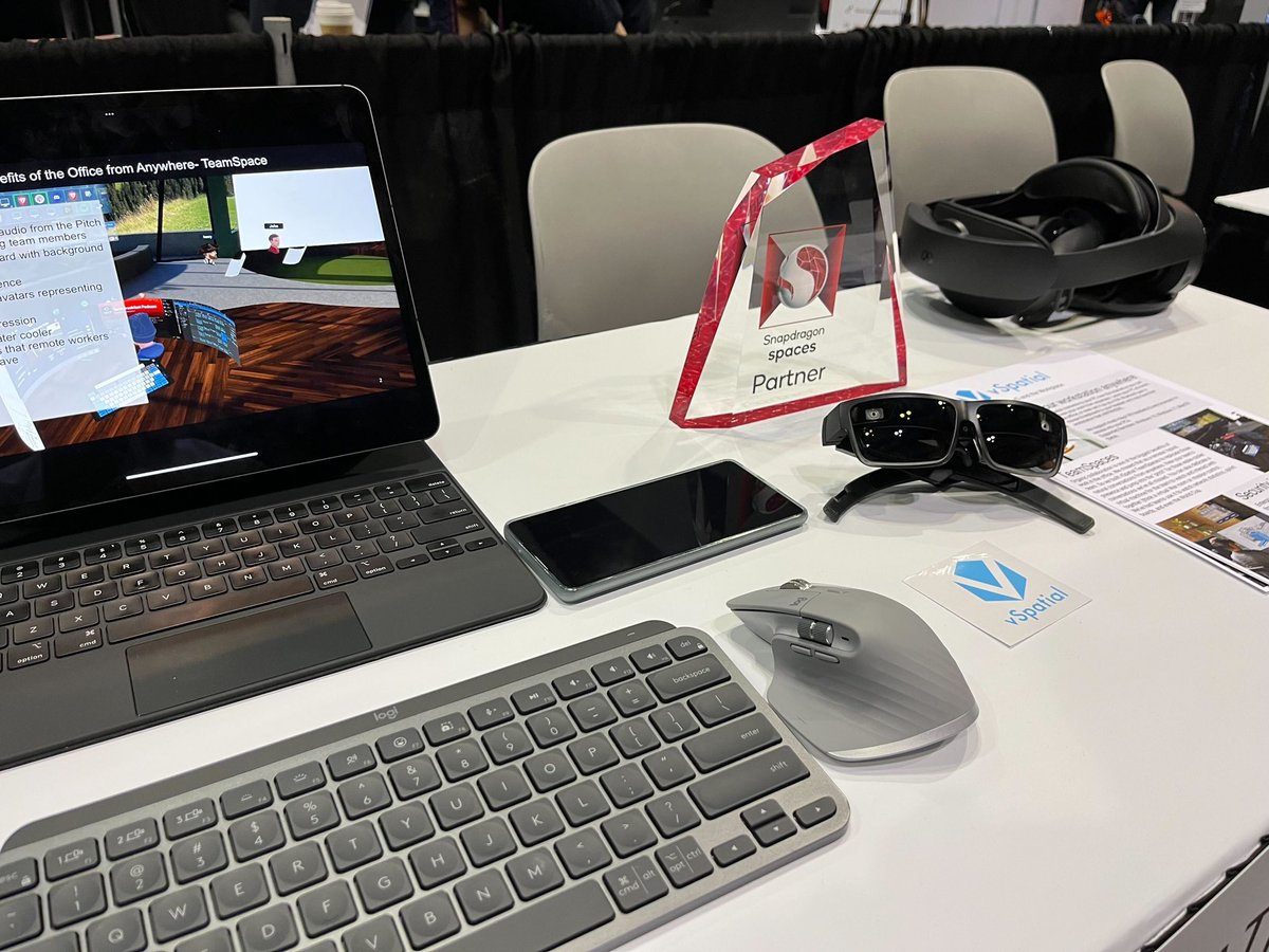 Our booth at #awe2023 is officially open!

Come swing by today or tomorrow and try our virtual-workplace-as-a-service platform <a href="/vSpatial/">vSpatial</a> .

Demoing on <a href="/Lenovo/">Lenovo</a> A3 AR glasses via <a href="/Qualcomm/">Qualcomm</a> #snapdragonspaces
&amp; Meta Quest Pro

Also featuring <a href="/Logitech/">Logitech</a> devices paired to headsets