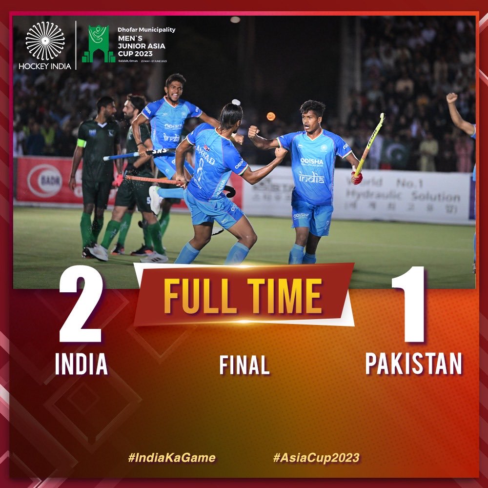 Well played boys 👏👏🏆 India win 2-1 against arch rivals Pakistan in the finals of Men's #JuniorAsiaCup 2023. 🇮🇳 @TheHockeyIndia