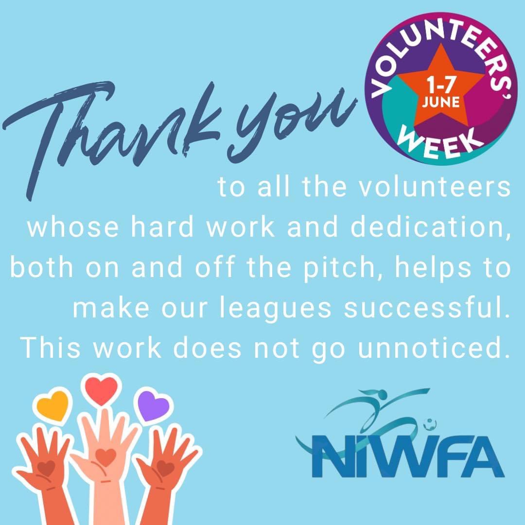 NIWFA would like to take this opportunity at the start of Volunteers’ Week to thank each and every volunteer who contributes in any way to the success of women in football. #VolunteersWeek #volunteersmakeadifference #thankyou #niwfa #GameChangersNI #girlsgetfootball #niwfa23