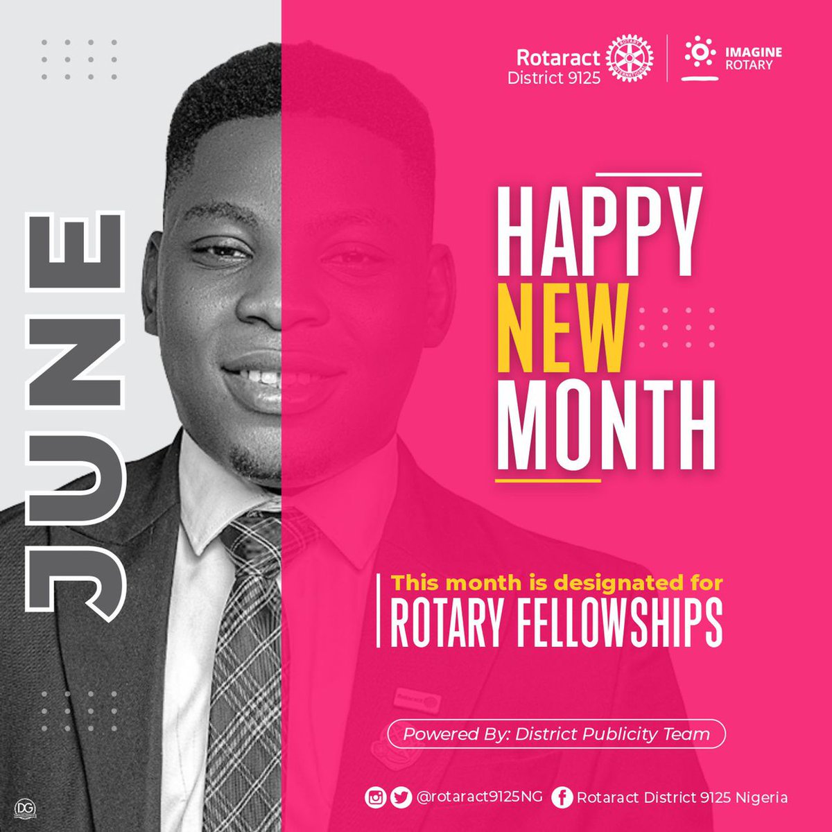 Rotaract9125NG's tweet photo. HAPPY NEW MONTH
As we prepare to round up the rotary year, we welcome you to the month designated for Rotary Fellowship
It is our hope that you enjoy service to humanity as you Fellowship with other Rotaract and Rotary clubs
#RotaractD9125
#ImagineRotary
#SynergyTeam
#newmonth https://t.co/Miq5pZaORy