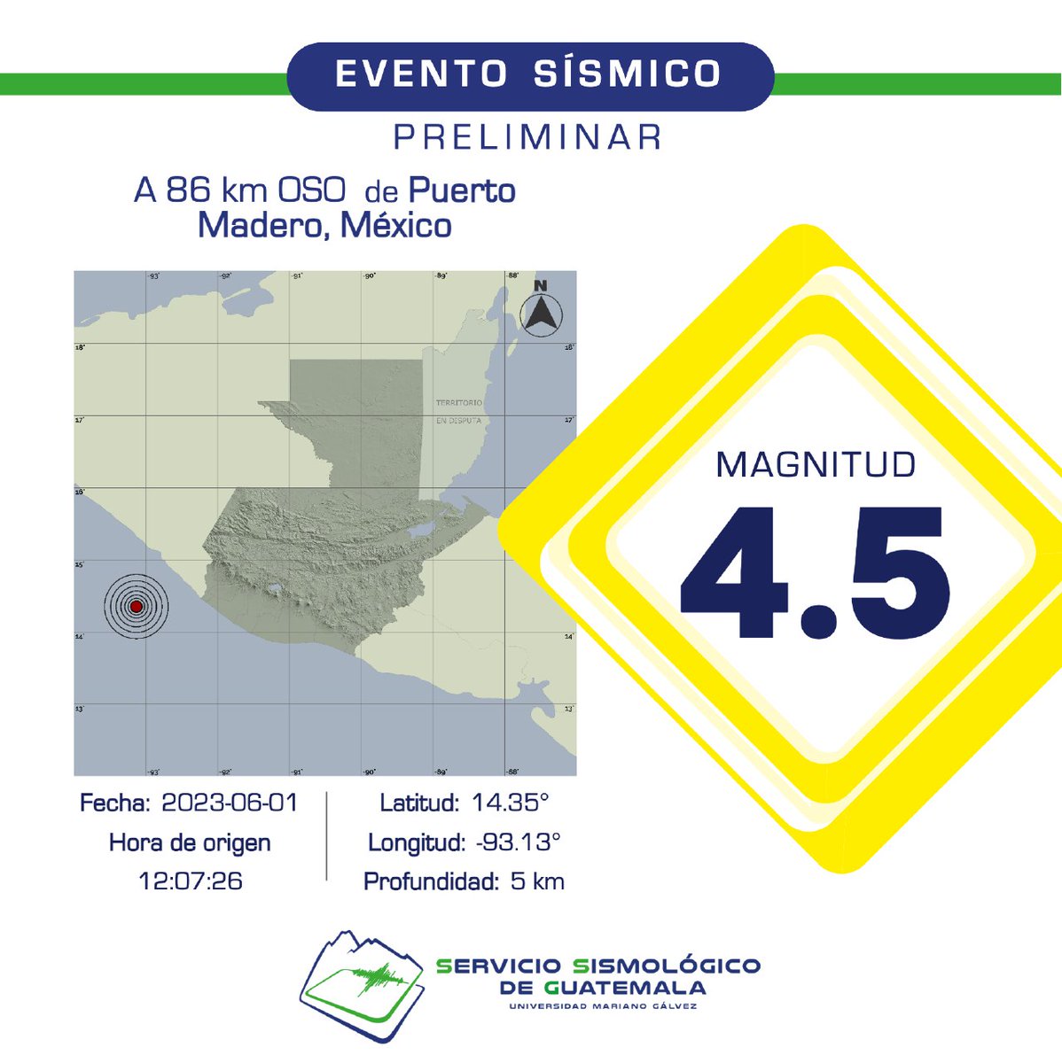 PRELIMINAR
Sismo registrado a 86 km OSO de Puerto Madero, México. #Temblor #TemblorGT #Sismo #SismoGT
