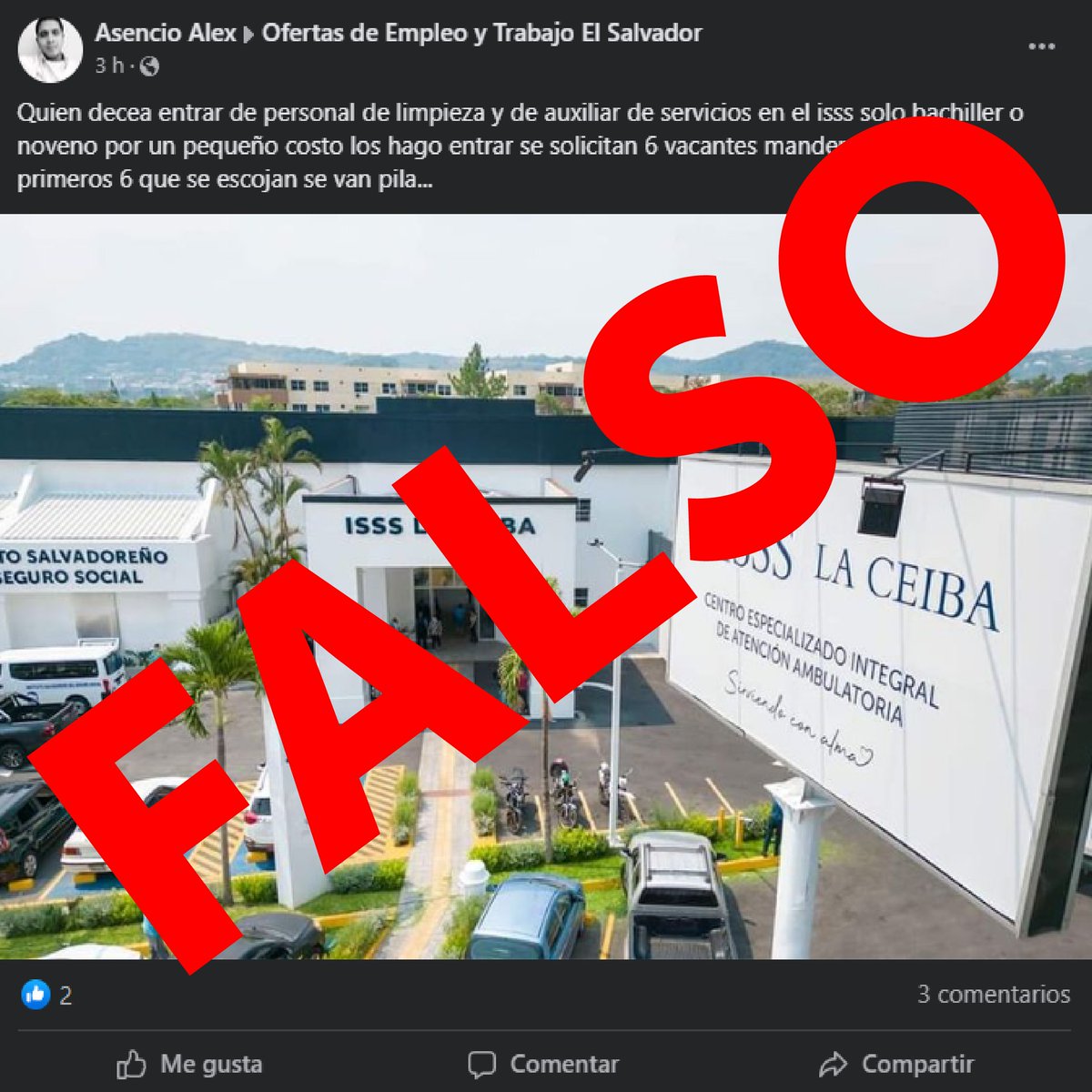 isss_gob_sv's tweet photo. Hacemos saber a la población que esta publicación es falsa.

Toda la información referente a procesos de contratación se difunde exclusivamente a través de nuestros canales oficiales. Les instamos a no dejarse engañar por individuos inescrupulosos. https://t.co/nyyUUiqkJn