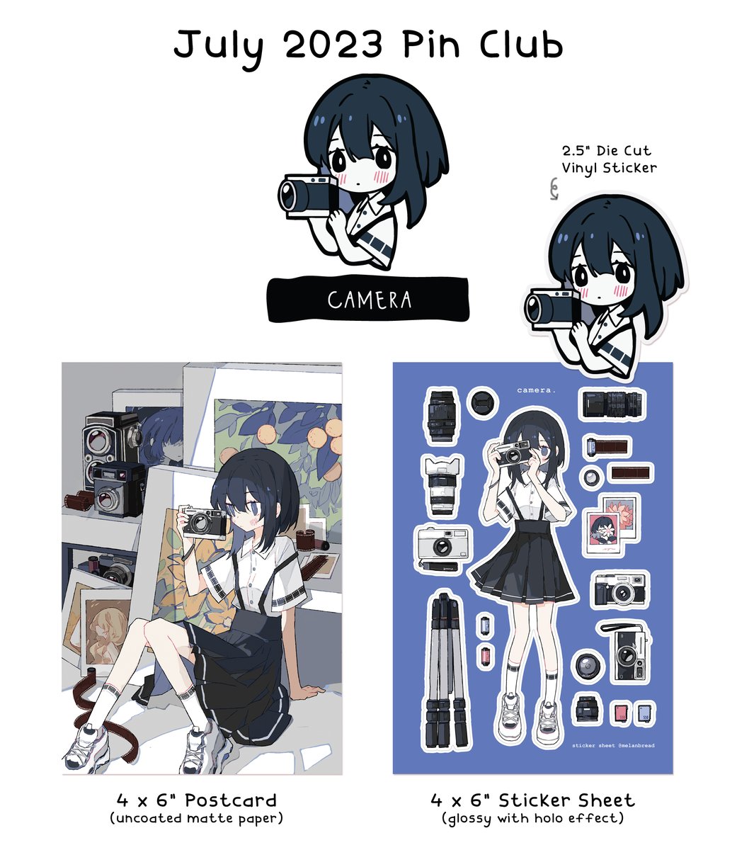 July's Patreon theme is "Camera" featuring a character who works silently in the dark clutter of her studio. This month's merch will be a pin, matte postcard, glossy holographic sticker sheet, and a vinyl diecut sticker! Pledge during the month of July 2023 to get it shipped.