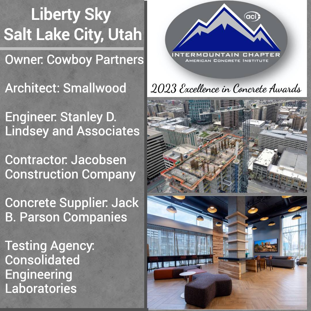Congratulations to Liberty Sky in SLC, Utah on winning a 2023 Excellence in Concrete award from the Intermountain Chapter of the American Concrete Institute!
@ACIFoundation  @JacobsenBuilds @smallwood  
 #paveahead #buildwithstrength #webuildutah