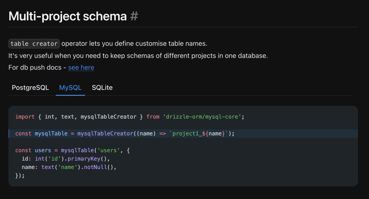 A really cool feature of @DrizzleOrm are multi project schemas. Most sideprojects wont even reach the limits of the free tier of @PlanetScale, so you can just use one db for all of them. When you need a separate db in the future, you can just migrate the data and remove the…