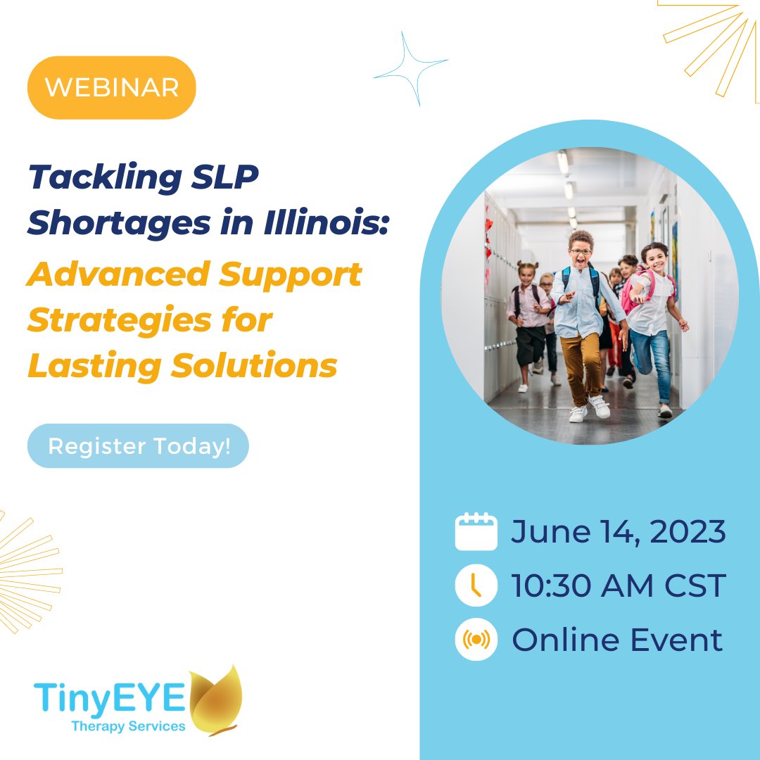 TinyEYETherapy's tweet photo. Illinois special education teams! Experiencing a lack of access to quality therapists, compliance concerns, or a rise in students requiring SLP support? Join #TinyEYE's 30-minute webinar to learn more! Register today: https://t.co/UvdX9QBtrV
#teletherapy #speechtherapy #SLP https://t.co/zmGstCdOVh