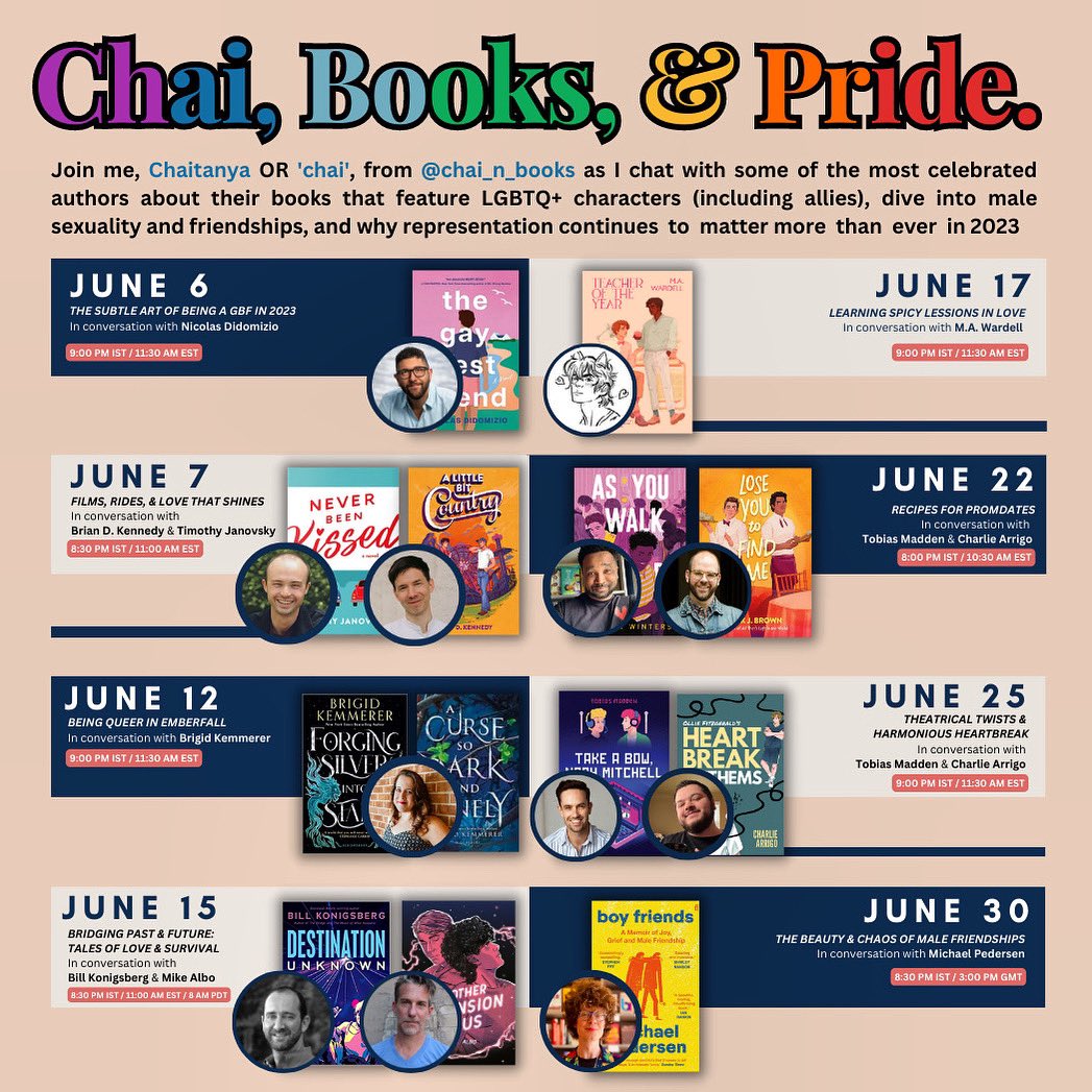 happy pride y’ll —🏳️‍🌈 i am so excited to announce an exciting series of conversations over #InstagramLive this month on my page! JOIN IN📚✨ @ScribePedersen <a href="/ctnicolas/">Nicolas DiDomizio</a> @MAWardell <a href="/bdkennedybooks/">Brian D. Kennedy</a> @timothyjanovsky <a href="/julianw_writes/">Julian Winters is Kind of Here</a> @billkonigsberg <a href="/BrigidKemmerer/">Brigid Kemmerer (maybe, maybe not)</a> @WriterikJB <a href="/albomike/">mike albo</a>