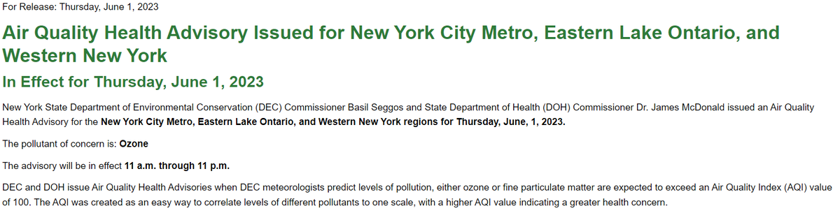 BasilSeggos's tweet photo. 📣@NYSDEC has issued an Air Quality Alert for ozone in New York City Metro Area, Eastern Lake Ontario, and Western New York. The alert is based on several factors, including including smoke from ongoing Canadian #wildfires.
https://t.co/3GoSD6hFlS https://t.co/QIPFbSaCH1