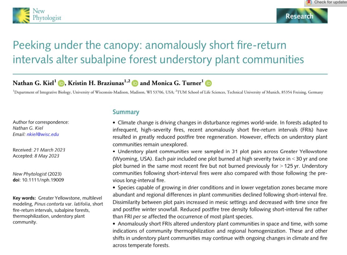 Nathan Kiel (@even_kiel25) on Twitter photo ⭐️NEW OPEN ACCESS⭐️
With <a href="/KBraziunas/">Kristin Braziunas</a> and @MonicaGTurner in <a href="/NewPhyt/">New Phytologist</a>! Anomalously short-interval fires in subalpine forests alter understory plant communities: doi.org/10.1111/nph.19…
1/7 ⭐️NEW OPEN ACCESS⭐️
With <a href="/KBraziunas/">Kristin Braziunas</a> and @MonicaGTurner in <a href="/NewPhyt/">New Phytologist</a>! Anomalously short-interval fires in subalpine forests alter understory plant communities: doi.org/10.1111/nph.19…
1/7