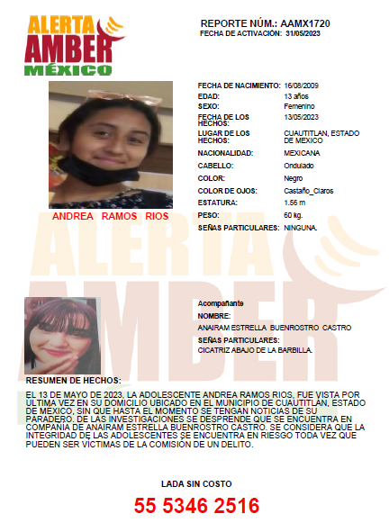 CAPUFE's tweet photo. #AlertaAMBER
Circunstancias: Las adolescentes ANDREA RAMOS RIOS y ANAIRAM ESTRELLA BUENROSTRO CASTRO, fueron vistas juntas por última vez el 27 de mayo de 2023, en el Municipio de Cuautitlán, Estado de México, sin que hasta el momento se tengan noticias de su paradero. https://t.co/pw28TywltP