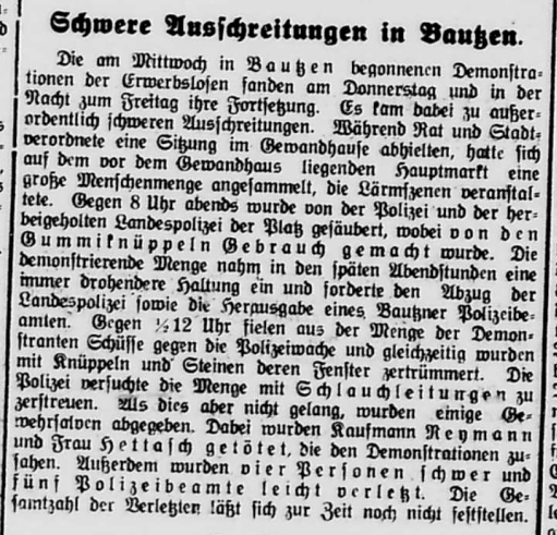 KamenzPresse's tweet photo. Die große wirtschaftliche Not führt im Frühjahr 1923 in ganz Deutschland zu Hungerunruhen und Demonstrationen.
In #Bautzen kommt es Ende Mai 1923 zu schweren Ausschreitungen mit der Polizei, bei der zwei Menschen getötet werden. #Inflation1923
(Kamenzer Tageblatt, 2. Juni 1923) https://t.co/HwgfWbXXNW