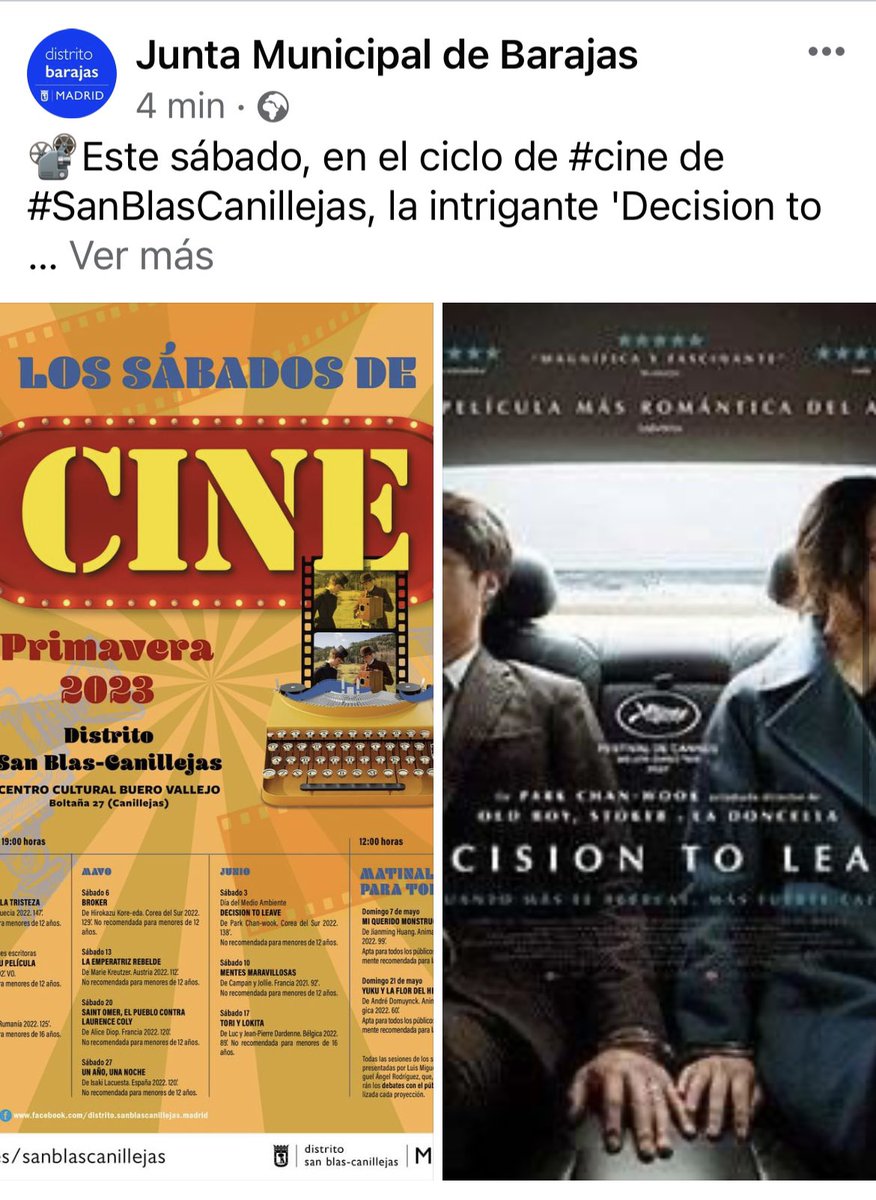Cuando gobiernas una Junta Municipal como la de #Barajas con un presupuesto para actividades culturales de 1.229.980 € para  el año 2023 pero no programas ciclos de #cine en los centros culturales del distrito y tienes que promocionar los del distrito vecino. Triste pero cierto.