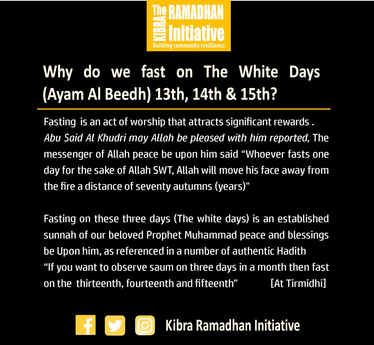 kri_kibra's tweet photo. What are the white days and why do we fast?
Day 2 of the 5 Day #fastathon, Day 1 of #fasting on the #whitedays (Ayam Al beedh) of #DhulQadah 1444AH
Team #rayyan https://t.co/BN5lObVvwt