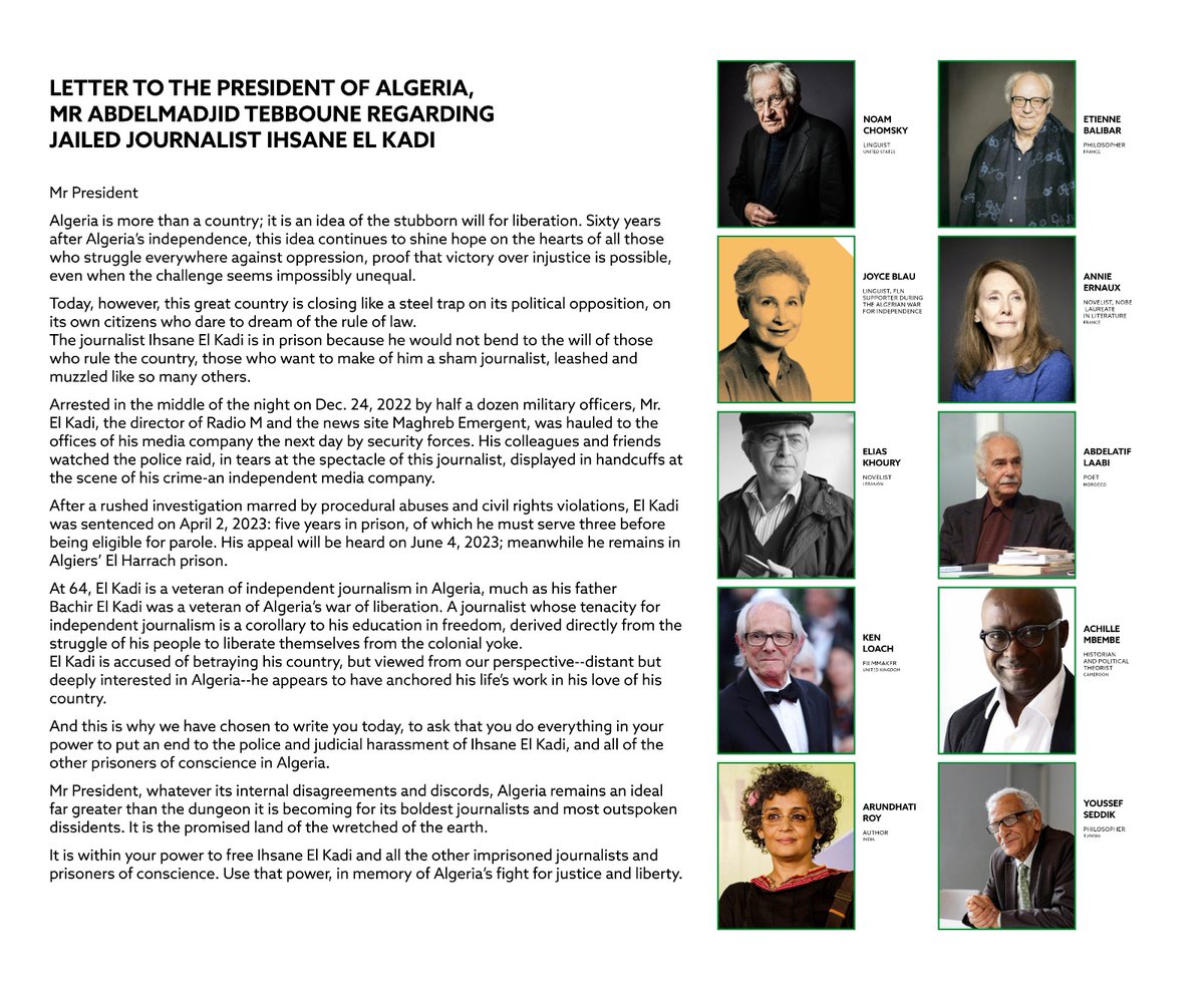 Ten noted thinkers, writers and filmmakers, including Nobel literature laureate Annie Ernaux, thinker Noam Chomsky, historian Achille Mbembe, writer Arundhati Roy, and director Ken Loach signed an open letter, calling on the president of Algeria to free journalist Ihsane El Kadi.
