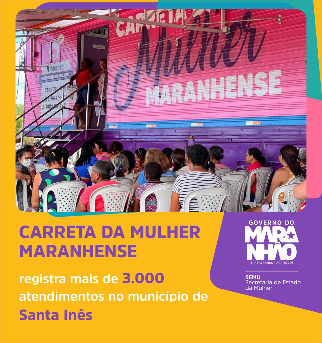 📍Nos últimos dias 29, 30 e 31 a Carreta da Mulher esteve em Santa Inês levando saúde, prevenção e cidadania para as mulheres.

🚚 Em apenas 3 dias, foram mais de 3 mil atendimentos, entre exames papanicolau, mamografia, aferição de pressão arterial e glicemia e testes rápidos