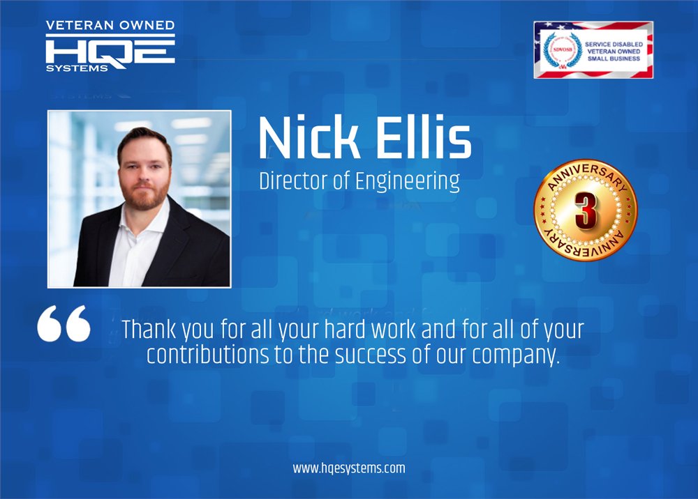 HQESystems's tweet photo. Please join us in congratulating Mr. Nicholas Ellis, Director of #Engineering at HQE Systems on 3 years of selfless service to our company. Thank you for everything you do. We couldn't do this without you! #TeamHQE #HQE https://t.co/6oy2V4k8CM