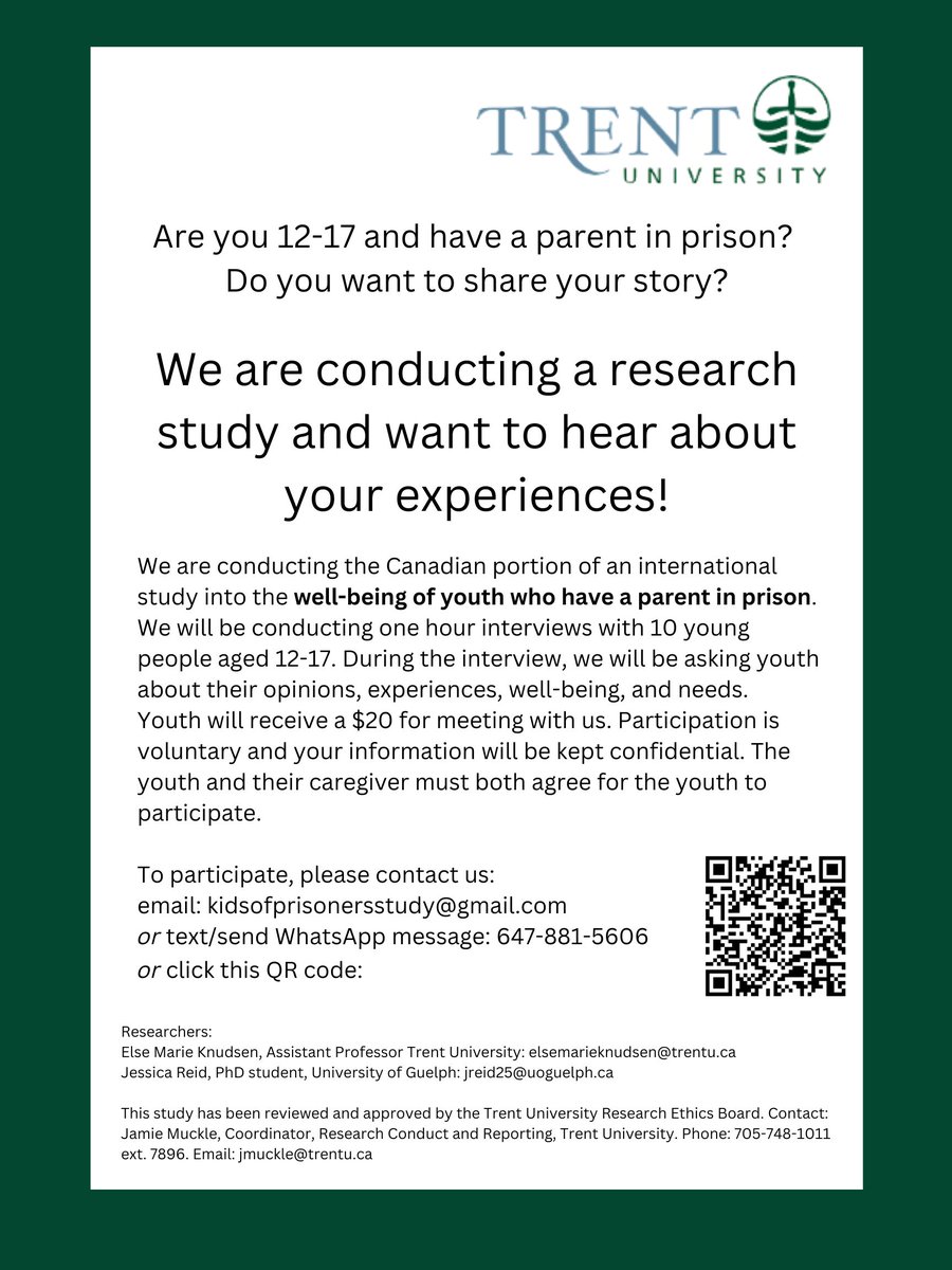 Hey are you an Ontario teen with a parent in prison? Or know someone who is? We (@JessicaReidKIP and I) would love to chat with you! Give us a shout (by sms, WhatsApp, or email) and you can decide if you want to trust us with your stories and opinions - no pressure.