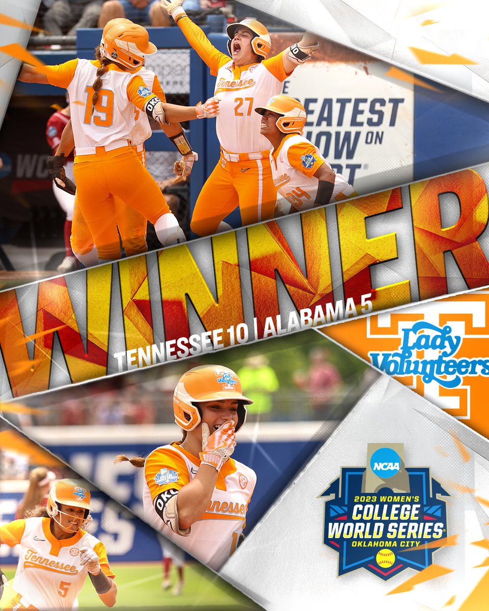 NCAASoftball's tweet photo. The Lady Vols 🔝 the Tide‼️

(4) @Vol_Softball defeats (5) Alabama, 10-5, in the first game of the #WCWS. https://t.co/RlMdIL0eDr