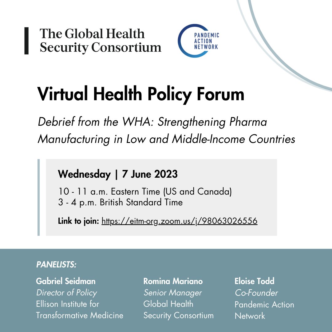 Ellison Medical Institute (@emilosangeles) on Twitter photo Join the #GHSC and <a href="/PandemicAction/">Pandemic Action Network</a> on June 7 at 10am ET for a special debrief from #WHA76 on the next steps needed to strengthen manufacturing in low-and middle-income countries to ensure we're #AlwaysOn and prepared for the next #pandemic.
Tune in: bit.ly/3q5xXoz Join the #GHSC and <a href="/PandemicAction/">Pandemic Action Network</a> on June 7 at 10am ET for a special debrief from #WHA76 on the next steps needed to strengthen manufacturing in low-and middle-income countries to ensure we're #AlwaysOn and prepared for the next #pandemic.
Tune in: bit.ly/3q5xXoz