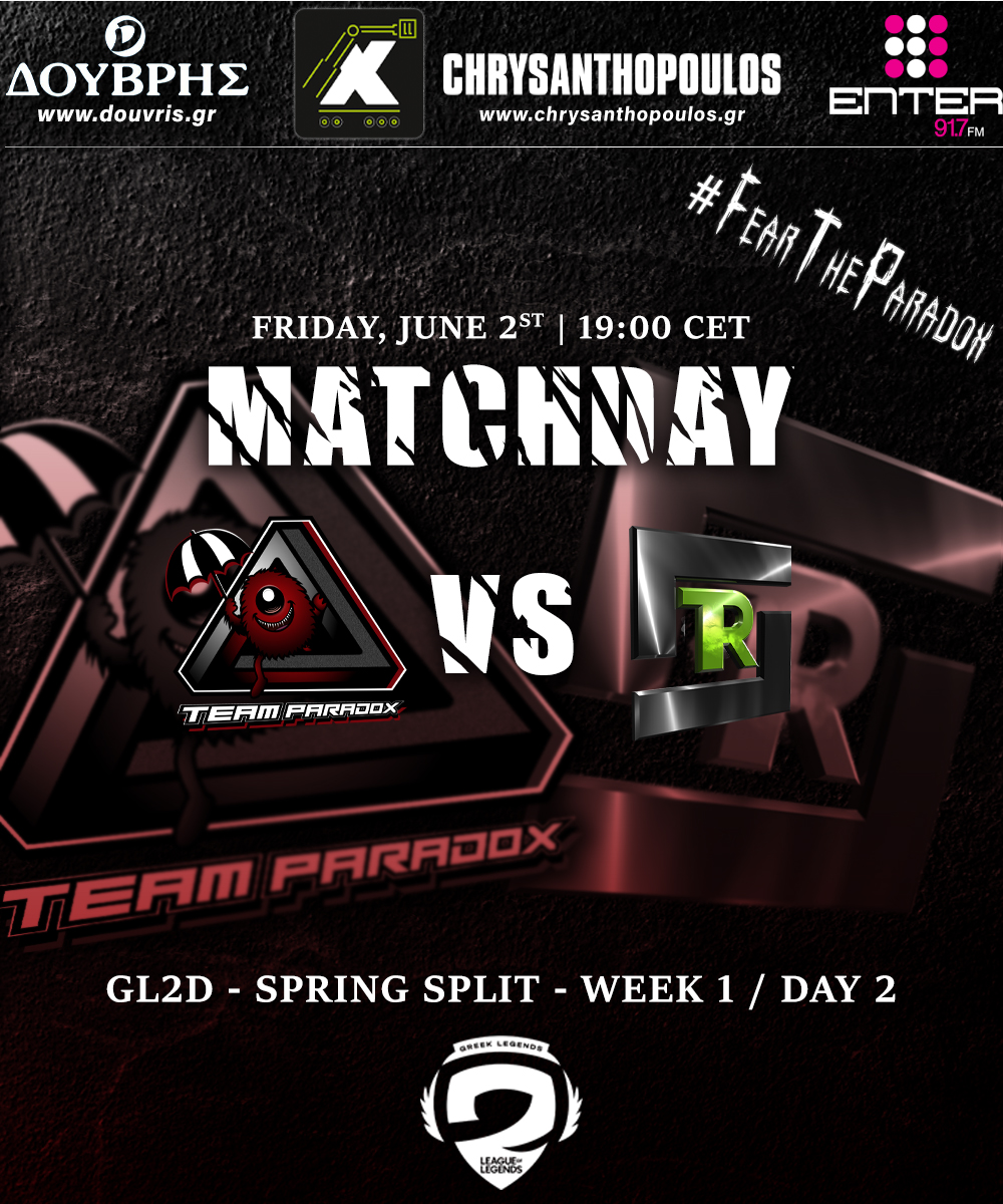 Tomorrow we are facing <a href="/Team_Refuse/">Team Refuse</a> for the second match day of the super week. 

👾 Week 1 - Day 2
🏆 <a href="/GRLegends/">Greek Legends League</a> 
⚔️ <a href="/Team_Refuse/">Team Refuse</a> 
🗓️ 02/06/2023
⌚️ 19:00 CET
👀 twitch.tv/gamersloungegr…

#FearTheParadox